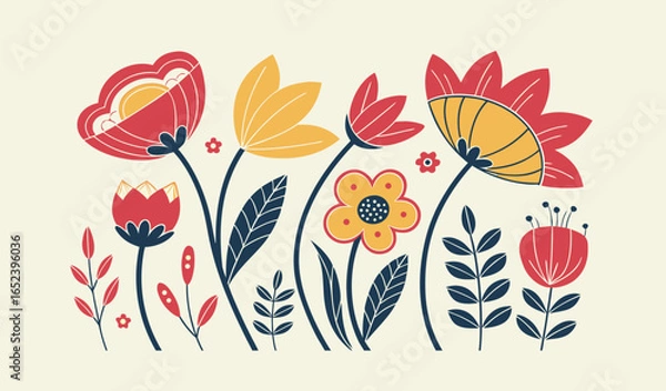 Obraz A vibrant collection of abstract geometric flowers with bold petals, curvy leaves, and playful organic shapes in a flat retro-modern style.