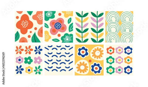 Obraz A vibrant collection of abstract geometric flowers with bold petals, curvy leaves, and playful organic shapes in a flat retro-modern style.