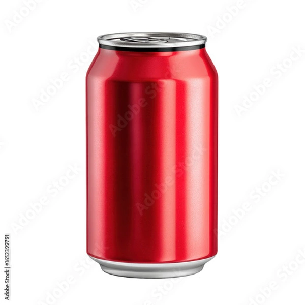 Fototapeta Bright red aluminum can resting on a flat surface in a well-lit indoor space during daylight hours