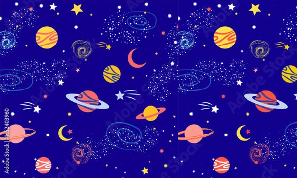 Obraz Outer Space Seamless Pattern Galaxy Stars Planet Rocket Astronaut Vector Design n