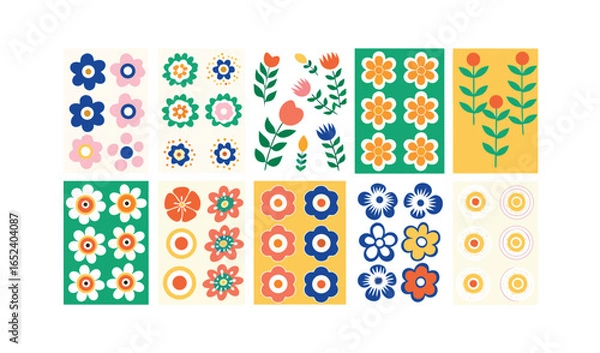 Obraz A minimalist floral pattern featuring multiple flower species with overlapping petals, rounded leaves, and bright contrasting hues on a clean background.