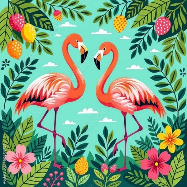 Fototapeta two flamingos on the background of tropical leaves and flowers