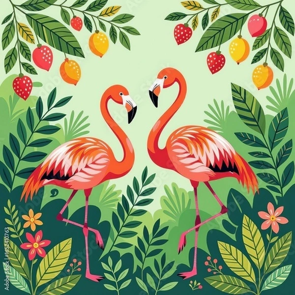 Fototapeta two flamingos on the background of tropical leaves and flowers