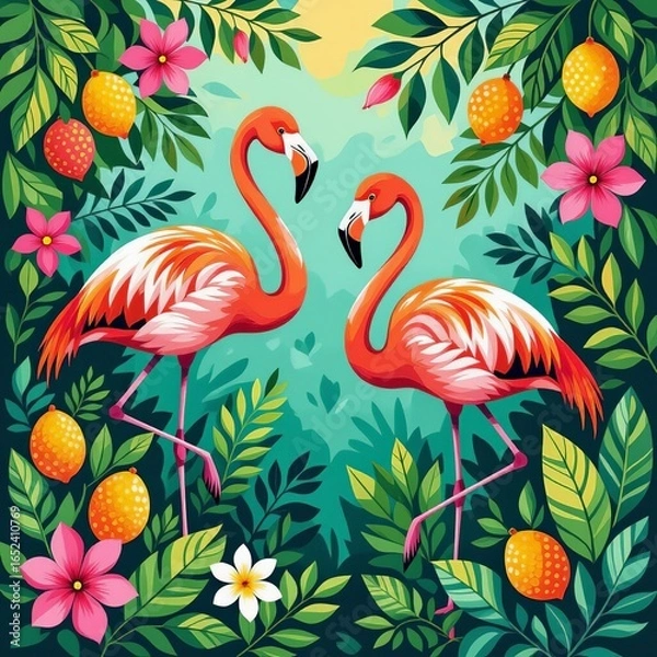 Fototapeta two flamingos on the background of tropical leaves and flowers
