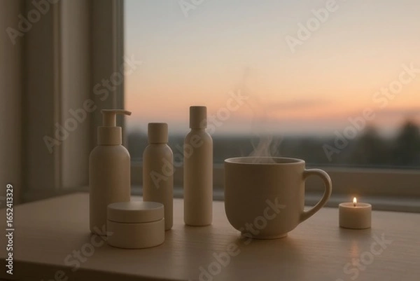 Fototapeta A Collection of Essential Bathroom Items on a Window Sill at Dusk