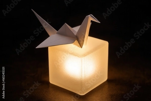 Fototapeta A Paper Crane Perched on a Luminous Cube
