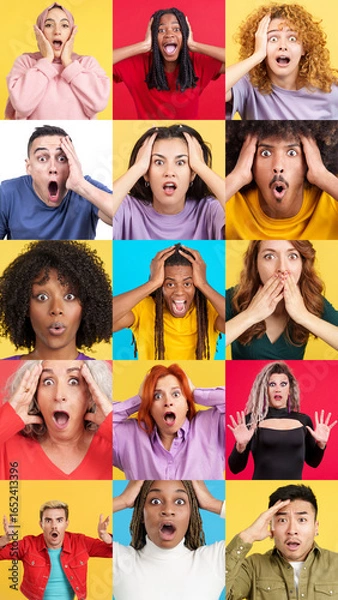 Fototapeta Mosaic of multiethnic people with surprised expression