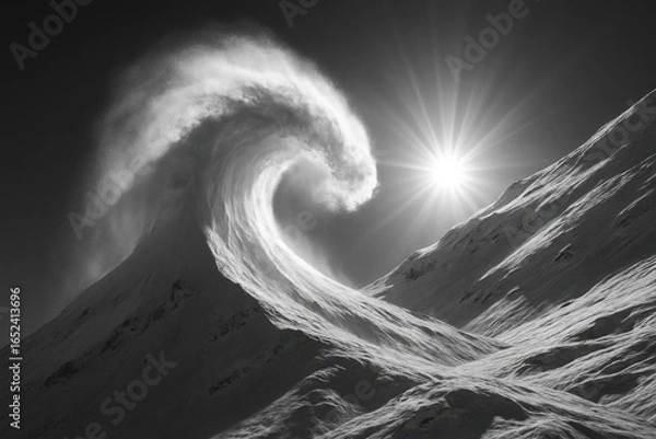 Fototapeta Amidst the stark contrast of black and white, a wave of ethereal beauty crashes over rugged mountains, illuminated by the radiant glow of a distant sun