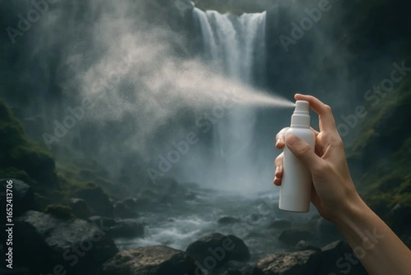 Fototapeta A Hand Holds a Spray Bottle in Front of a Misty Waterfall