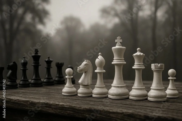 Fototapeta A timeless chess game unfolds on a foggy wooden board, where the silent pawns await their next move