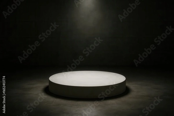 Fototapeta An empty stage awaits its performer in a dimly lit room, where light filters through the shadows