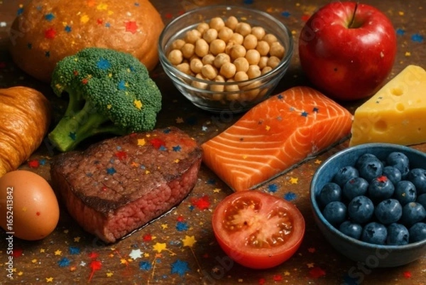 Fototapeta A vibrant array of nutritious foods showcased on a rustic wooden table, highlighting the importance of balanced diets