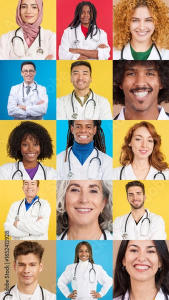 Fototapeta Mosaic of variety of smiling doctors in uniform
