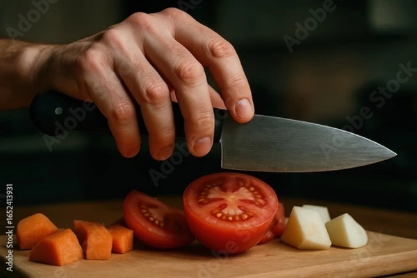 Fototapeta A chef's hand expertly slices a ripe tomato on a wooden cutting board