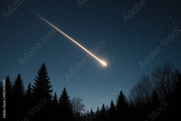 Fototapeta A lone comet streaks across the night sky, casting a glow on the dark forest below