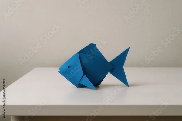 Fototapeta A solitary blue origami fish rests on a pristine white surface, its geometric simplicity echoing the tranquility of nature