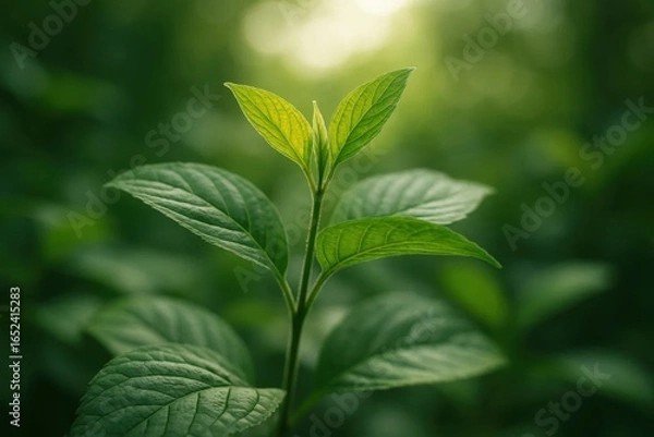 Fototapeta A Close-Up of a Thriving Leaf in a Blurry Green Forest