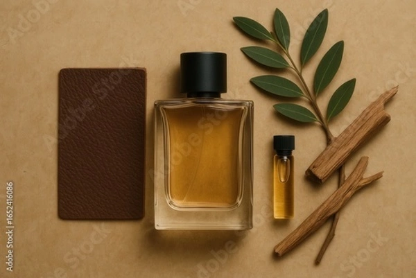 Fototapeta A Sophisticated Collection of Perfume Bottles and Natural Elements