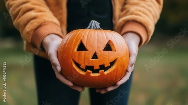 Fototapeta halloween concept. Person holding a carved pumpkin with a smiling face.