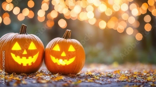 Fototapeta halloween concept. Carved pumpkins with glowing faces against a festive bokeh background.