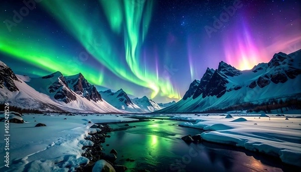 Obraz Breathtaking aurora borealis over a snowy landscape