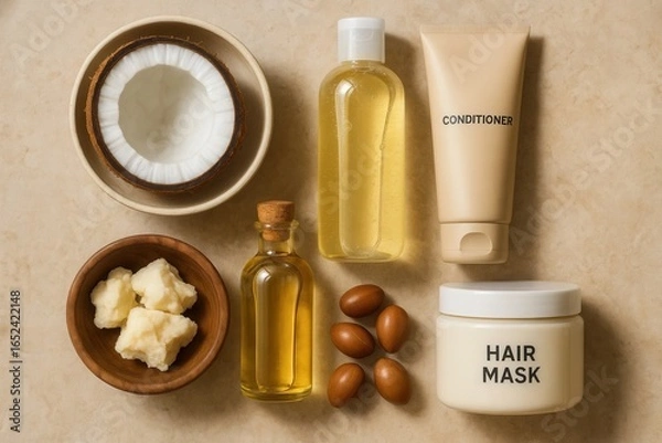 Fototapeta A collection of natural beauty products including coconut oil, almond butter, jojoba oil, and hair mask