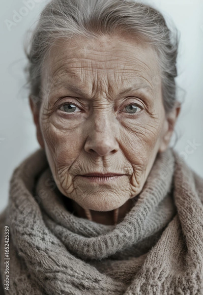 Fototapeta Elderly woman with expressive features in a cozy scarf