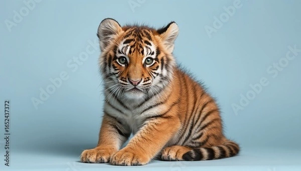 Obraz Adorable Portrait of a Tiger Cub on a Blue Background, Captivating Wildlife.