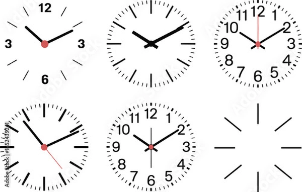 Fototapeta Clock Faces Set Vector, Analog Time Pieces with Numbers & Hour and Minute Hands