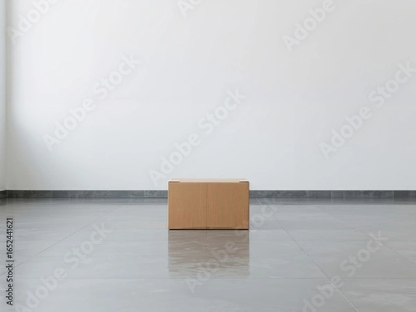 Obraz Cardboard Box in Empty Room with Gray Tile Floor, White Wall, Minimalist Style