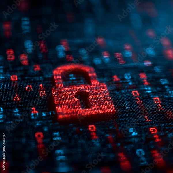 Obraz Cybersecurity: Red Glowing Padlock on Digital Code Background; Abstract Data Protection Concept