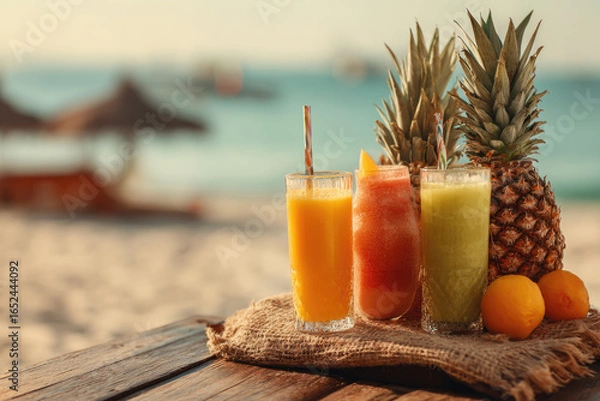 Fototapeta Fruit juice on tropical beach abstract background. Summer food and drink. Generative ai.