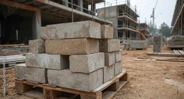 Fototapeta Concrete Blocks on Pallet at Construction Site, Building Materials, Outdoors.