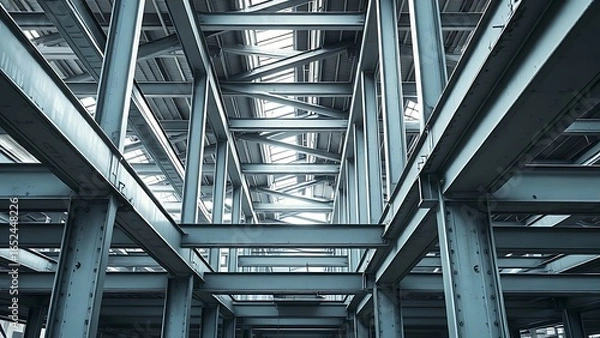 Fototapeta Industrial metal beams forming an abstract geometric composition in a construction setting with cool steel tones.