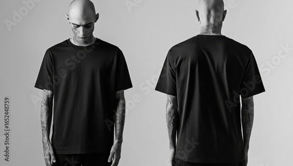 Fototapeta Black blank t-shirt template isolated on a white background, front and back view mockup. Mockup of a black color oversized T-shirt