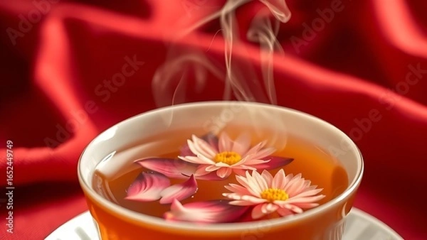 Fototapeta A delicate porcelain teacup with floating chrysanthemum petals, exuding serenity and elegance for China's National Day.