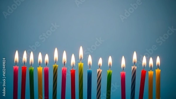 Fototapeta Colorful birthday candles with glowing flames, creating a festive and celebratory atmosphere.