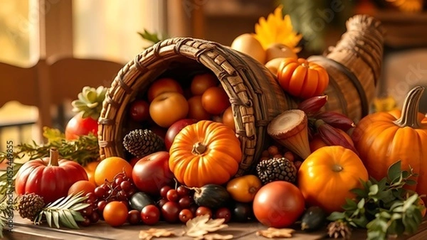 Fototapeta Cornucopia overflowing with seasonal fruits and vegetables, bathed in soft golden sunlight against a wooden table.
