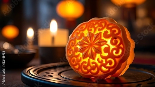 Fototapeta A glowing golden mooncake with intricate floral patterns, placed on a dark lacquered tray with soft candlelight.