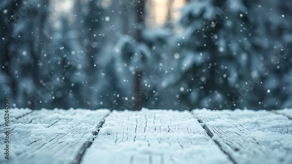 Fototapeta Snow-covered wooden surface with falling snowflakes, evoking a serene winter atmosphere.