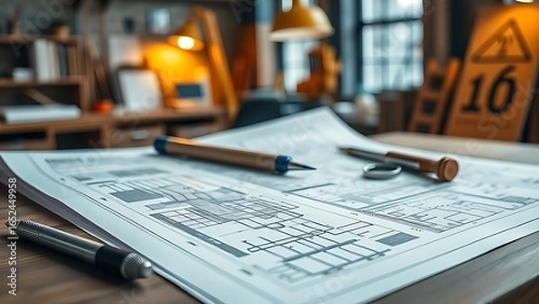 Fototapeta Architectural blueprints and drafting tools on a wooden desk, evoking a professional construction workspace.