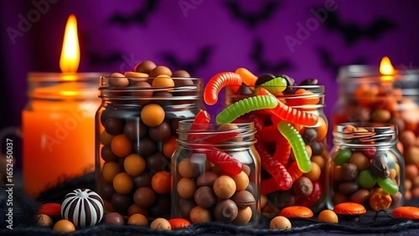 Fototapeta Candy-filled glass jars with chocolates, creating a whimsical Halloween treat display.
