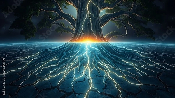 Fototapeta Ancient tree roots glowing beneath a cracked island surface, resembling buried lightning.