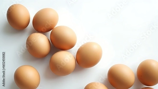 Fototapeta Fresh brown eggs arranged on white, highlighting natural textures in soft window light.