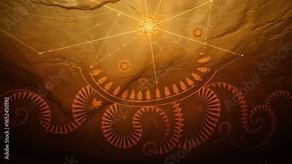 Fototapeta Ancient cave paintings transforming into double helix patterns under shifting constellations.