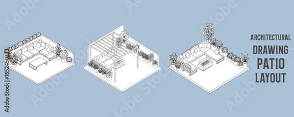 Fototapeta Architectural drawings of modern patio layout with outdoor seating, table, and potted plants in isometric vector illustration