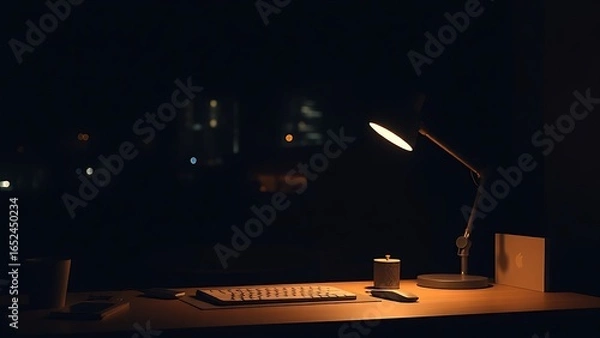 Fototapeta Nighttime workspace with a warm desk lamp glow, evoking a minimalist and serene communication concept.