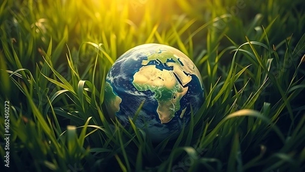 Fototapeta Earth symbolically surrounded by lush grass, representing environmental harmony in naturalistic tones.