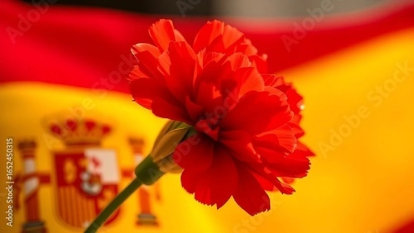Fototapeta Red carnation pinned to a golden brooch, glowing in sunlight against a softly blurred crimson and yellow background.