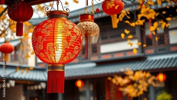 Fototapeta Vibrant red lantern with golden patterns glowing against a softly blurred traditional courtyard.